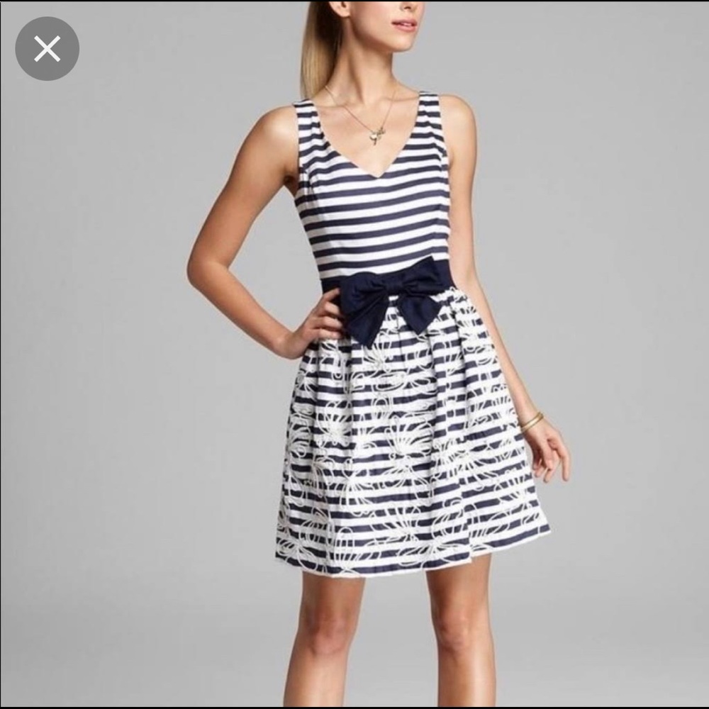 Navy and White Striped Dress with Bow